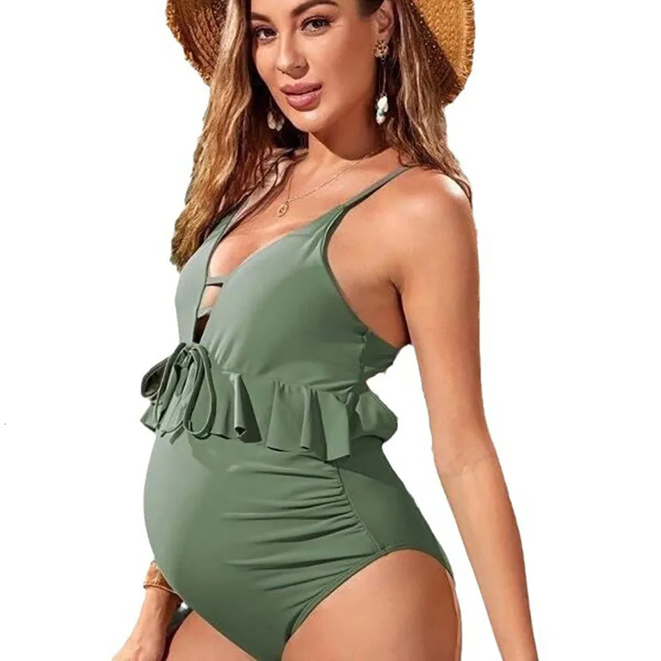 Elegant Maternity Swimwear One-Piece Draw String Ruffles Swimsuit Pregnant Women Ideal for Beaches Pools and Outdoor Activities 250407