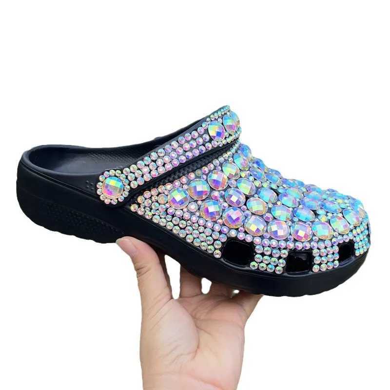 New Arrival EVA new single hole shoes womens summer womens slippers handmade diamond sandals shiny large diamond black slippers size 36-45 T250407