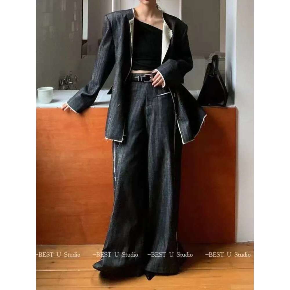 BJTZ 2025 Women's Solid Color Design Lapel Do Old Retro Suit High Quality Loose Straight Pants Two-Piece Set