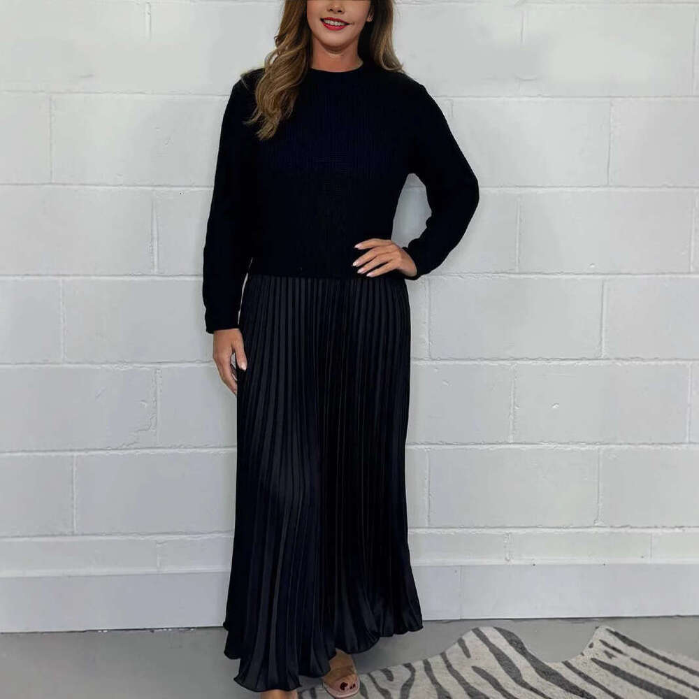 autumn winter European American solid color knitted long sleeved sweater patchwork pleated dress, women's 2025 new style, chic and elegant clothi