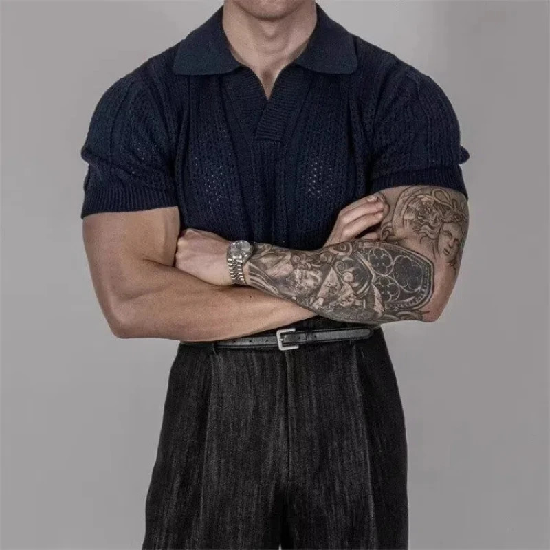 Hollow Knitted Short-sleeved POLO Shirt T-shirt for Mens Summer Korean Style Top Mesh Texture Shirt 250407