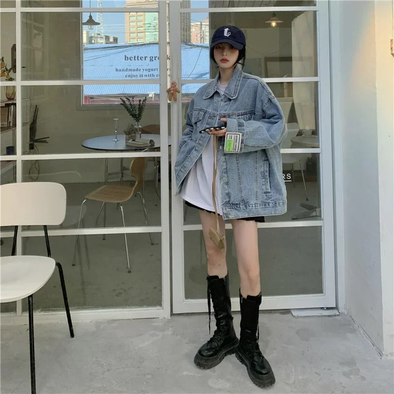 High Street Fashion oversized denim jacket for women Korean loose long sleeved button down item 250407