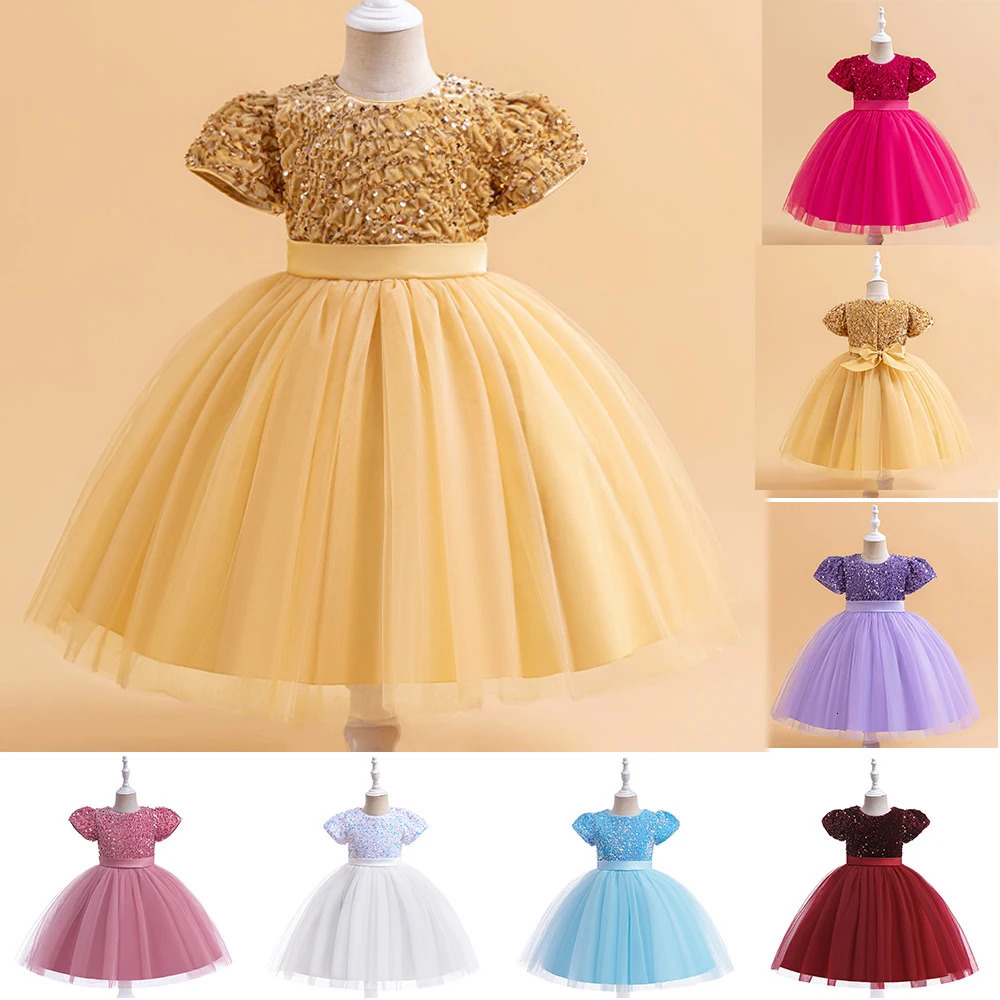Summer Sequin Bow Girls Party Dress Christmas Costumes Fluffy Wedding Birthday Princess Prom Dresses Girl Bridemaid Evening Gown 250408