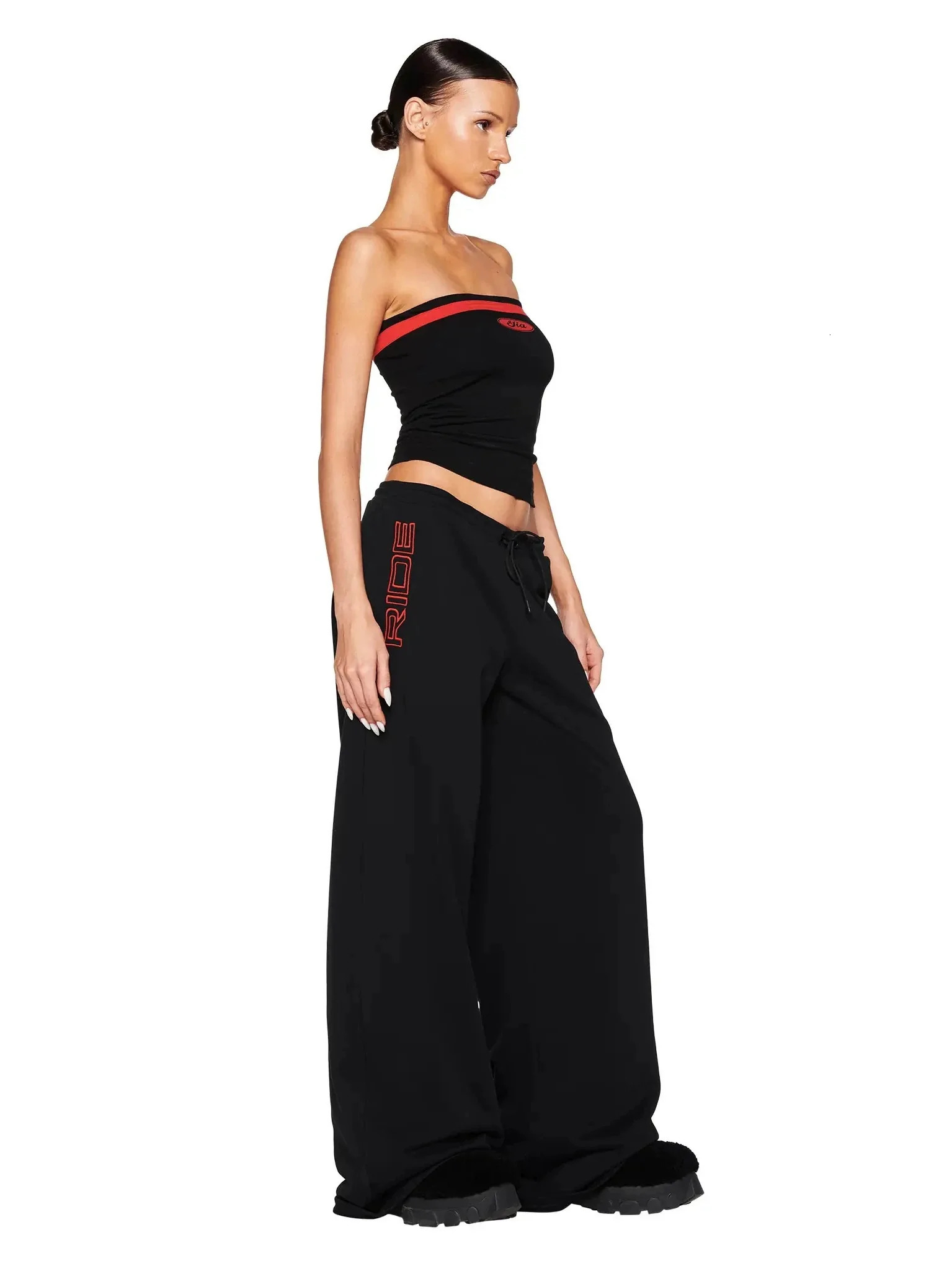 Iamgia black and red strapless standing long leg pants retro spice set 250407