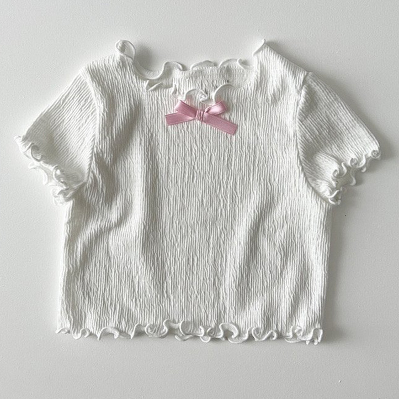 Ddmyshoesvip Girls Fashion Korean Top New Summer Baby Style Bow Short Sleeve T Shirt Children S Solid Color Texture