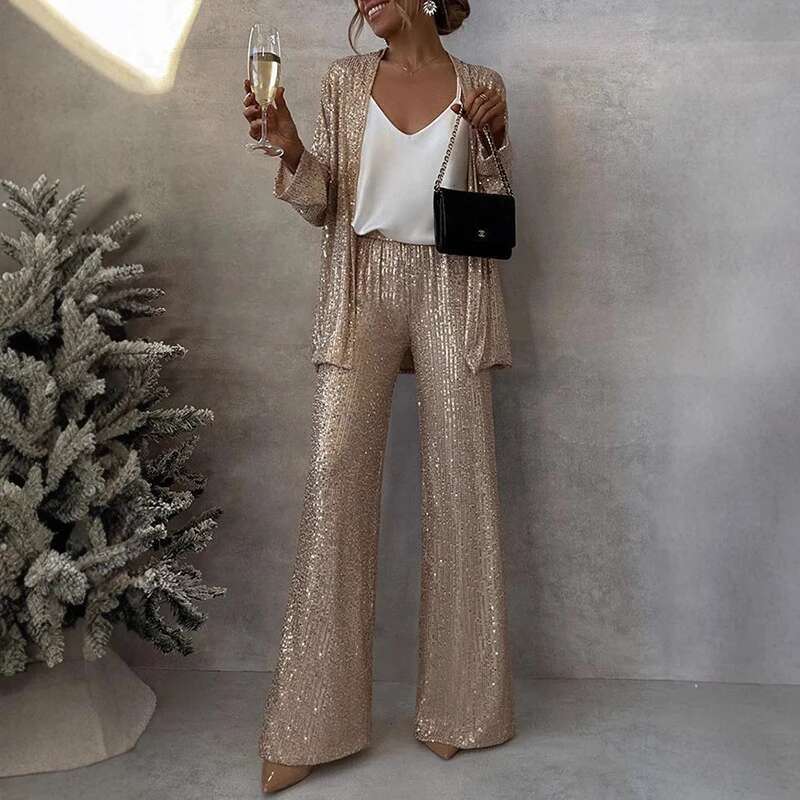 Spring Sequin Fashion Two-Piece Set Women Legg Slim Patchwork Outwear Top+High Waist Straight Pants Sets Female Outfits