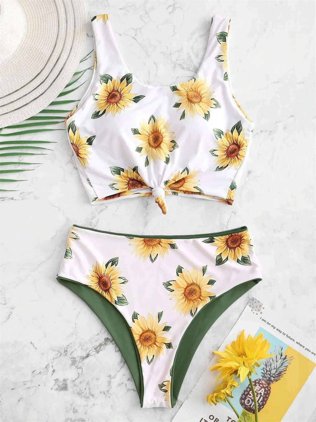 Dongdumaoyi Sexy Sunflower Print Bikini Set Push Up Crop Top Reversible Micro Swimwear Women Front Tie Bathing Suit High Waist Swimsuit