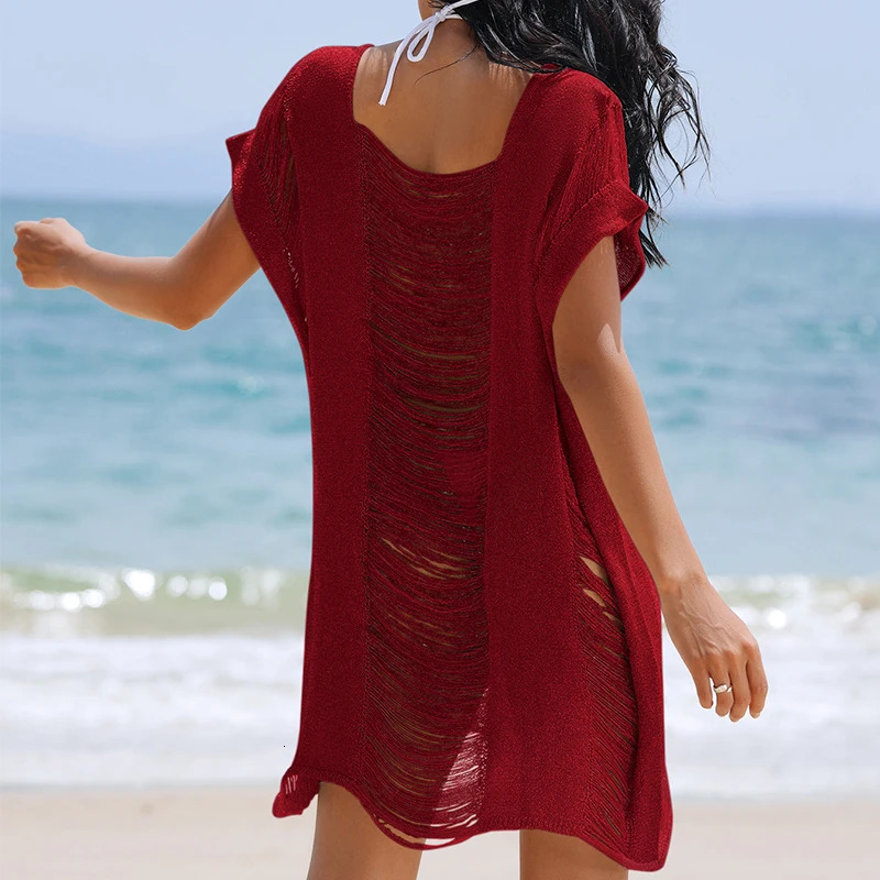 Womens knitted hollow beachwear top fashionable loose skirt summer holiday beach sunscreen dress 250402