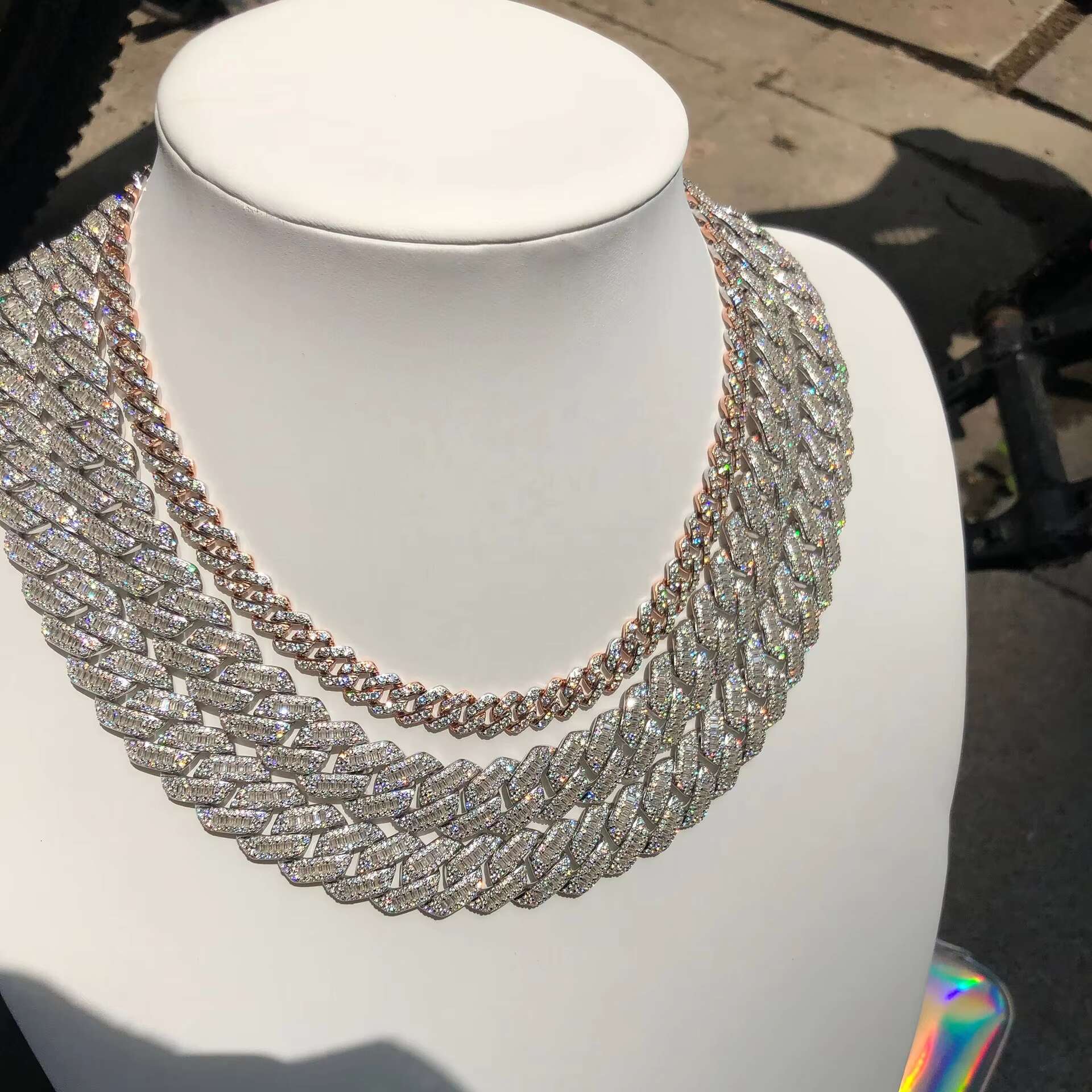 Silver Hip Hop Rapper 15mm VVS Moissanite Baguette Diamond Cuban Link Chain Bracelet 925 Silver