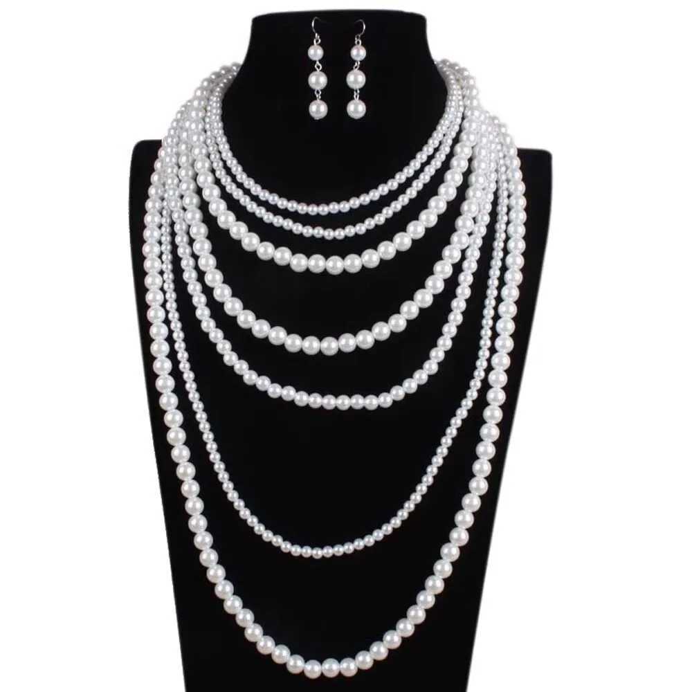 Fashiona Elegant Multi-layer Imitation Pearl Handmade Beaded Statement Necklace Women Wedding Party Accessories Sweater ChainC250407