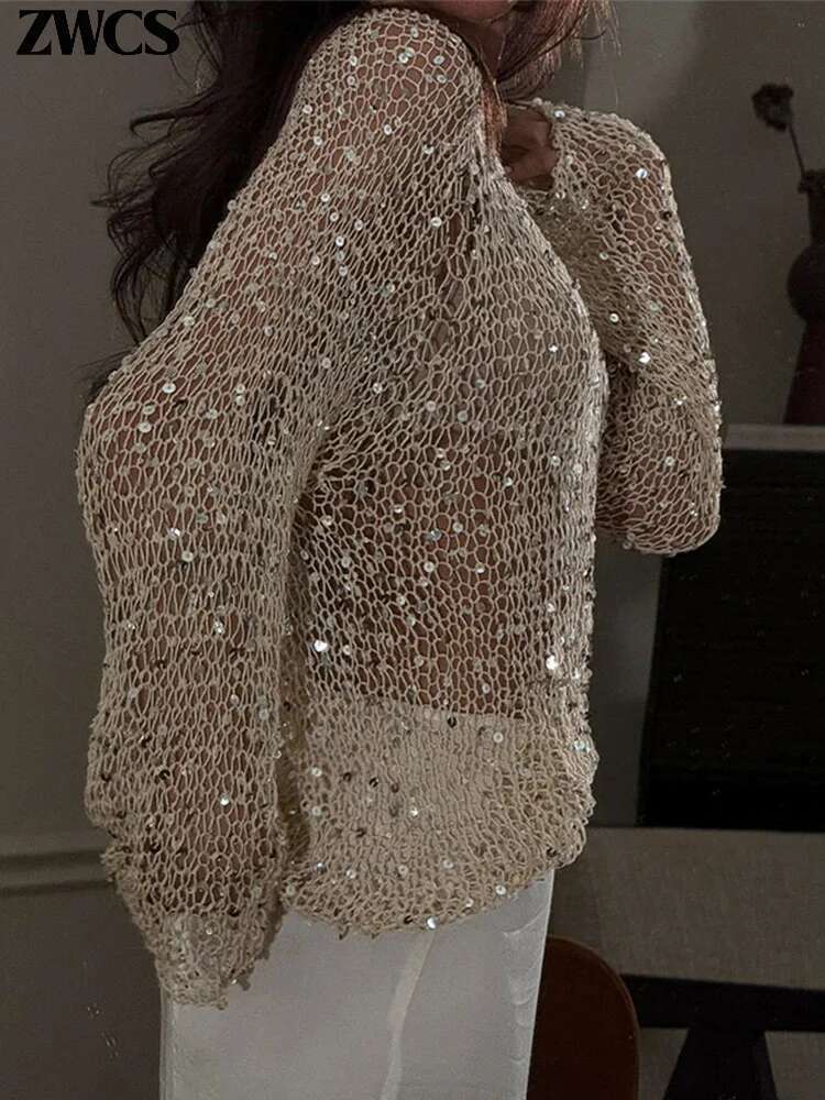 Fashion Sequins Hollow Out Pullover Women Loose O-Neck Long Sleeve Sweater 2025 Spring New Lady Knit Shiny Shirt Tops Streetwear