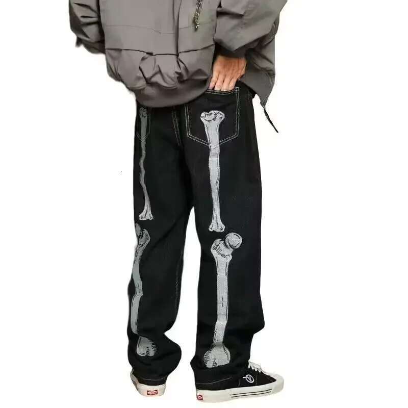 Skeleton Hand Embroidery Denim Mens High Street Wide Leg Pants Streetwear Loose Casual Trousers Jeans Men