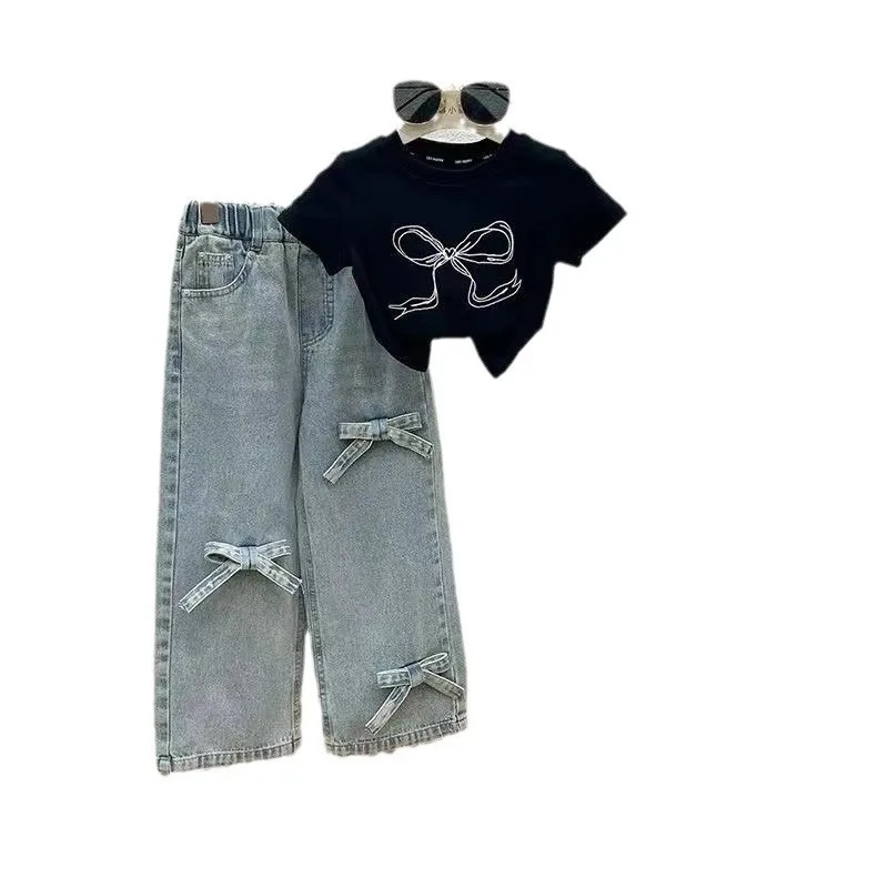 Childrens Clothing Sets Printed Bow Short Sleeve Top Jeans 2pcs Sets Girls Clothes Baby Girl Outfit Set Kids Clothes Girls 250407
