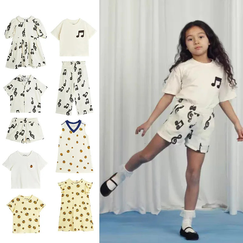 2025 Summer Girls Set INS Fashion Musical Note Printed Girls Dress Casual Cotton T-shirt Shorts Set Boys Shirt Kids Clothes 250407