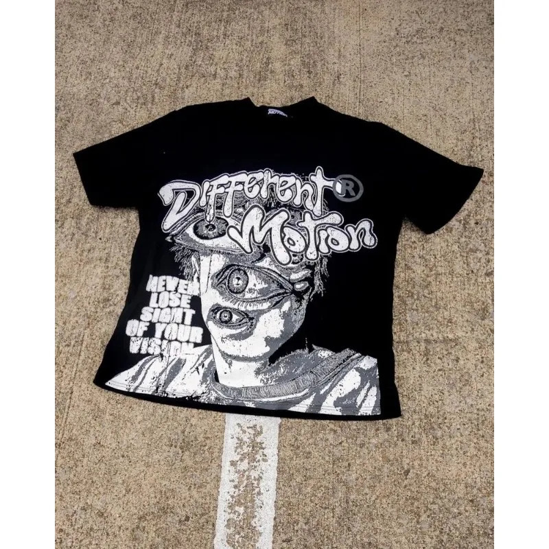 American trend Gothic bizarre letter printing oversized Tshirt mens Y2k streetwear Harajuku prototype round neck short sleeved shirt 250408