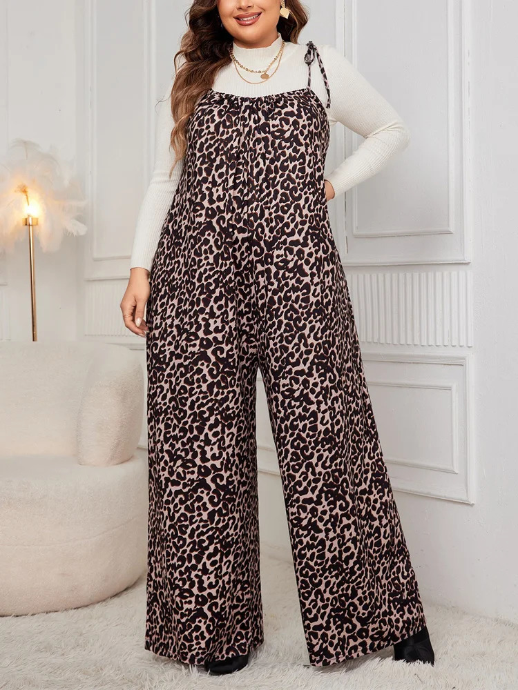 GIBSIE Plus Size Leopard Print Tie Shoulder Jumpsuits Women Spring Fall Sleeveless Loose Fashion Wide Leg Jumpsuit 250407