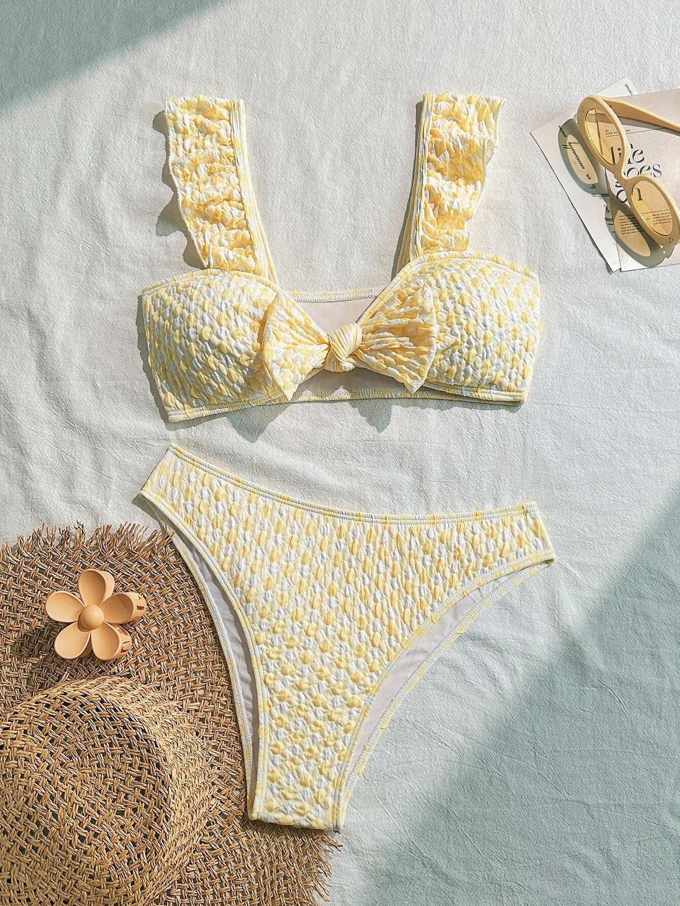 Dongdumaoyi Sexy Front Knot Bow Bikini Set Women Yellow Ruffles Push Up Bra High Waist Swimsuit Bathing Suit Holiday Swimwear Biquini