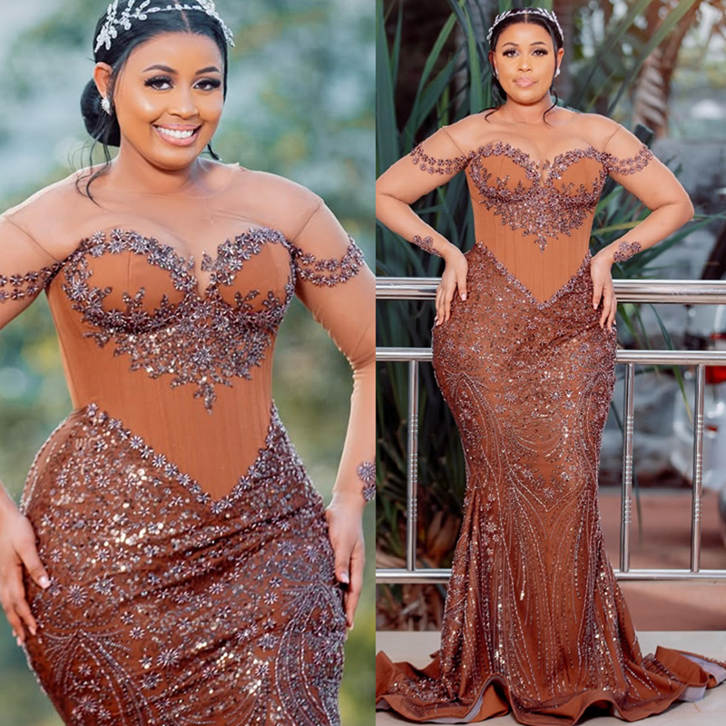 2025 Plus Size Brown Prom Dress Mermaid Prom Dresses Evening Formal Gowns For Special Occasions Sheer Neck Beaded Lace Birthday Second Reception Gowns