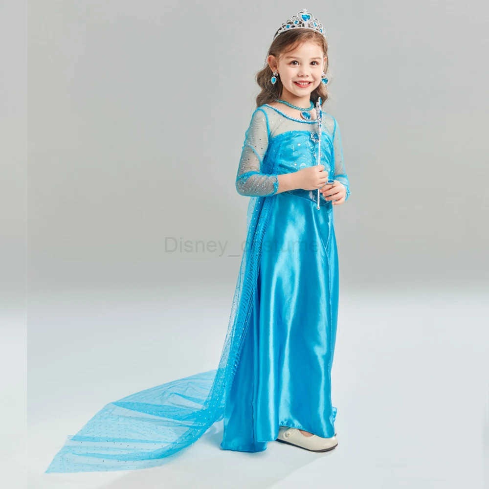 Disney Girls Princess Dress Blue Elsa Cosplay Clothing Fancy Carnival Birthday Party Toddler Clothing Halloween Role Playing Snow Queen X250408