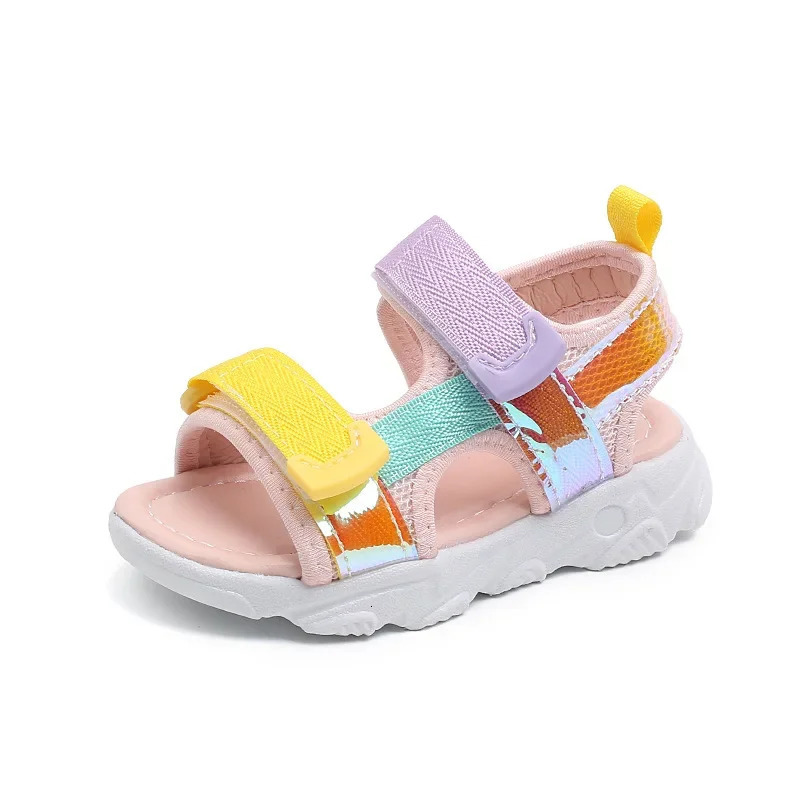 Summer Children Sport Sandals Breathable Mesh Soft Bottom Baby Girls Boys Shoes Colorful Reflective PU Leather Shoes Kids G04243 250407