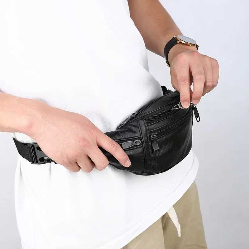 Leather mens waist bag thin outdoor sports tactical pad mens mini running Fanny bag cross body chest money strap bag Z250407