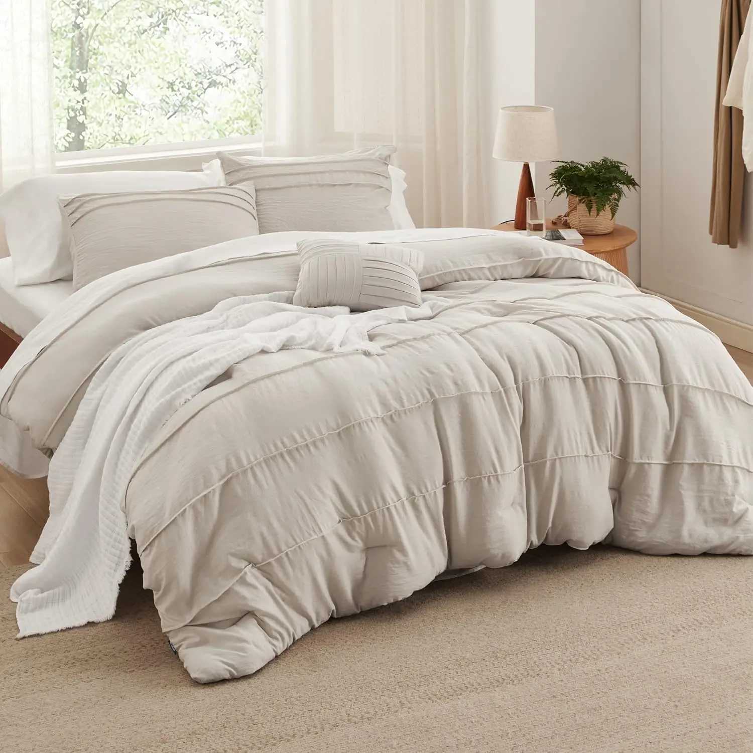 Bedsure Queen Comforter Set -4-piece clip on pleated bedding beige bohemian all season bedding 1-piece soft and comfortable 2-piece set X250408