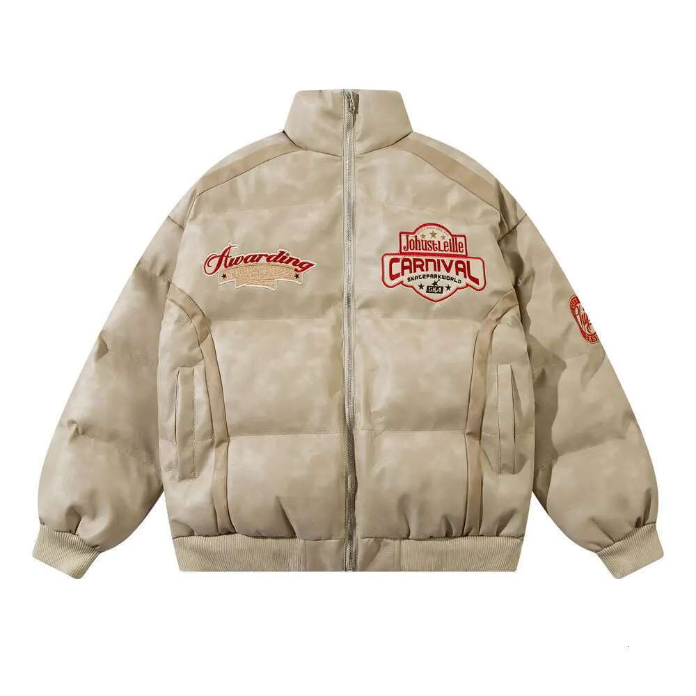 Spliced Patch Embroidery Padded Mens High Street Winter Thick Stand Collar Long Sleeve Leather Bread Jacket Men