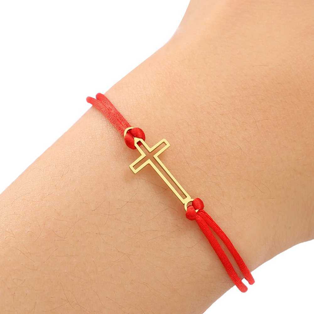 Stainl Steel Bracelets Gothic Hollow Cross Hand Braided Lucky Black Rope Fashion Charm Bracelet For Wen Jewelry GiftsC250408