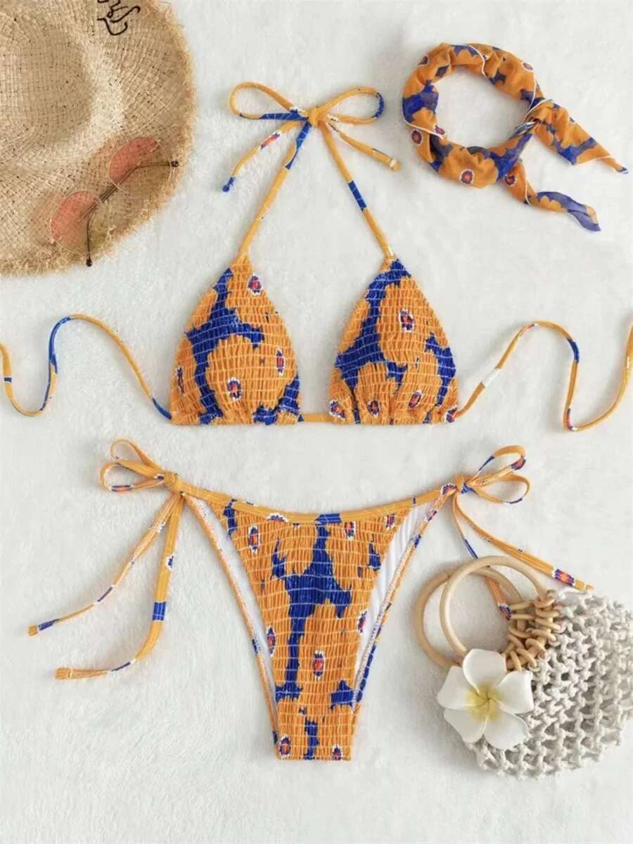 Dongdumaoyi Sexy Band Piece Bikini Set Women Orange Floral Print Pleate Push Up Micro Swimwear Bathing Suit Tie Side Thong Swimsuit