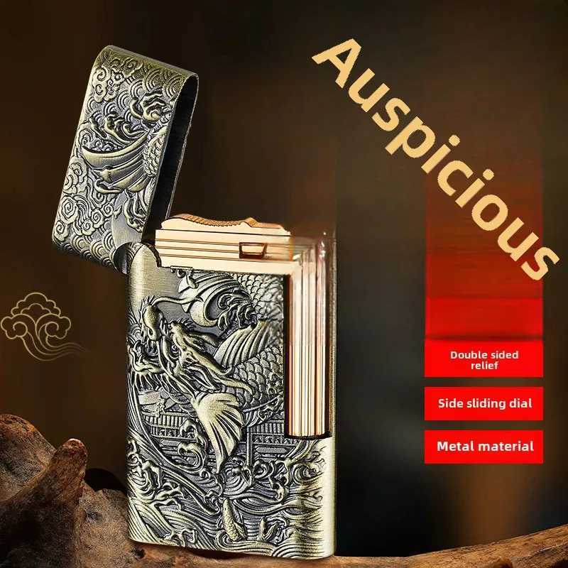 Vintage 3D relief side slider grinder wheel light original windproof Kerosene cigarette lighter giftXJ250407