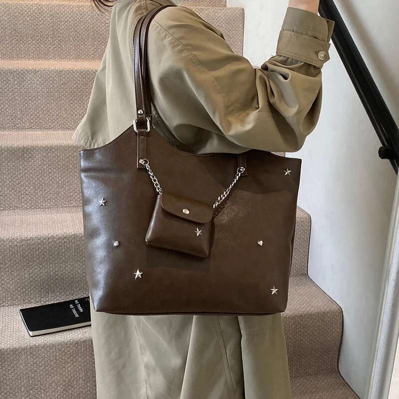 LEFTSIDE Large PU Leather Tote Bags For Women 2024 Winter Y2k New Trend Retro Female Fashion Shoulder Bag Handbags With Purses
