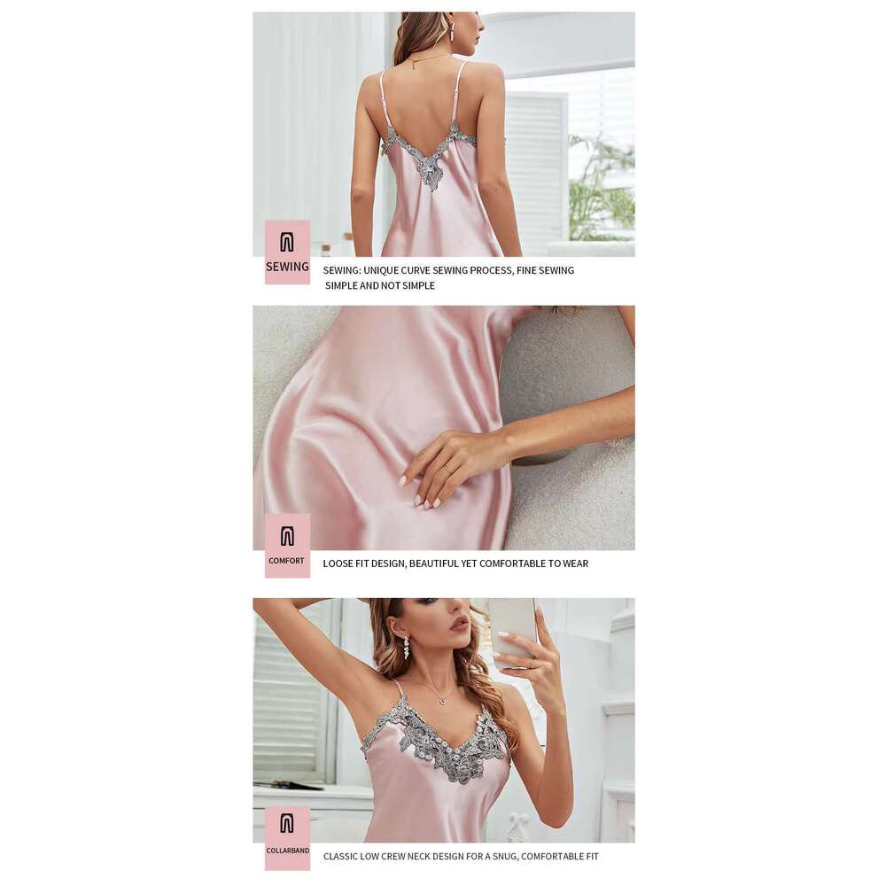 OEM ODM Hot Sale Satin Pamas Female Lace Sexy V-Neck Long Style Suspender Nightdress Ice Silk Nightgown Slip Skirt