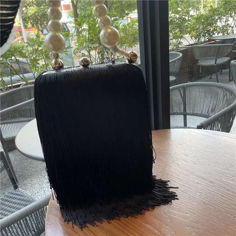 Top Metal Frame Shell Handbags Female Pearl Strap Women Trend Shoulder Long Tassel Ladies Daily Fringe Hand Purse Bags