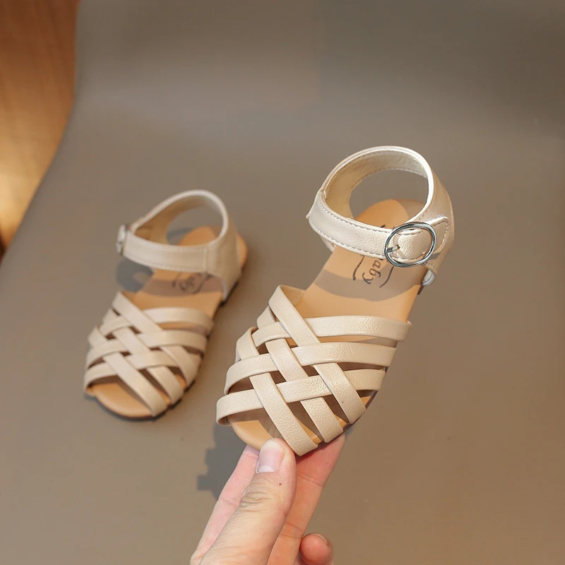 Girls Sandals Summer Childrens Buckle Open Toe Beach Shoes Soft Bottom Woven Little Girl Princess Shoes 250407