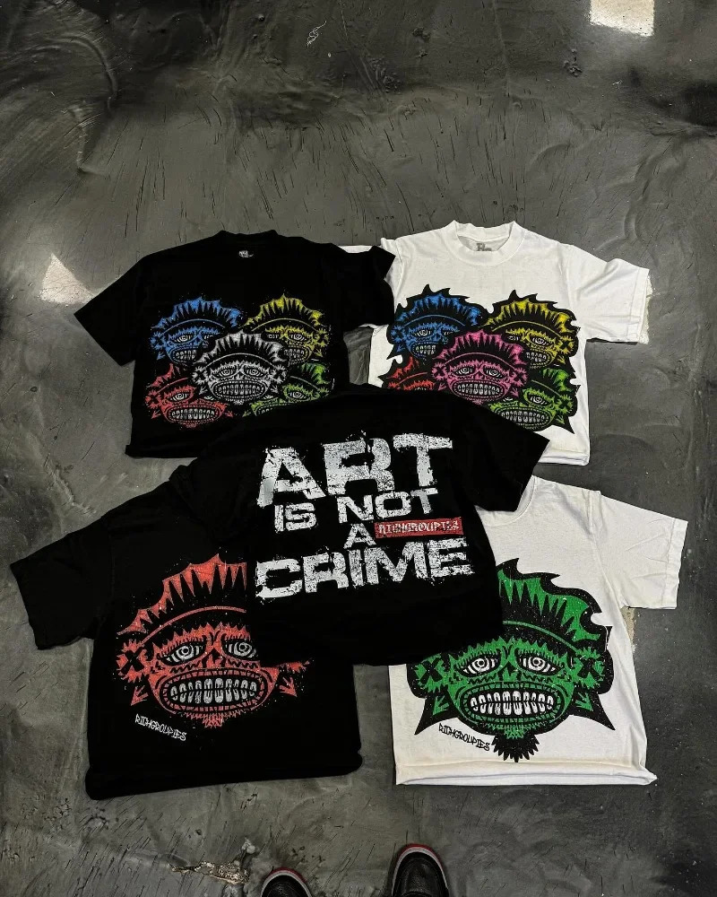 American Gothic trend cartoon pattern oversized short sleeved Tshirt mens Y2K street Harajuku casual loose couple top 250408Z