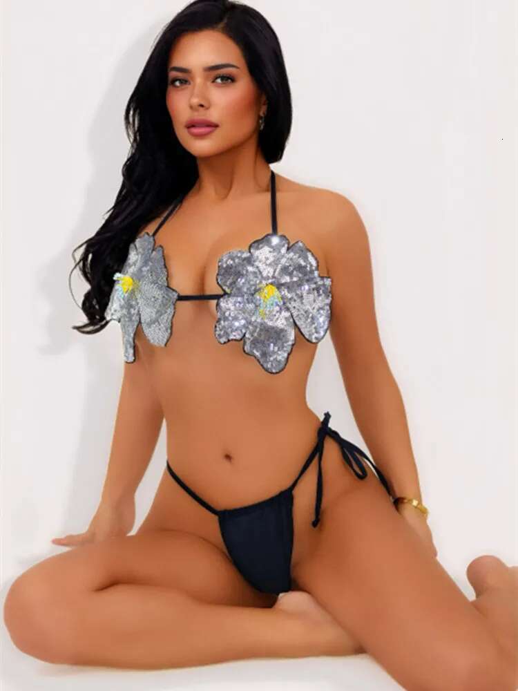 Dongdumaoyi Shiny Sequin Bikini Set Women Sexy D Floral Black Push Up Crop Bra Thong Swimsuit Brazilian Bathing Suit Micro Swimwear