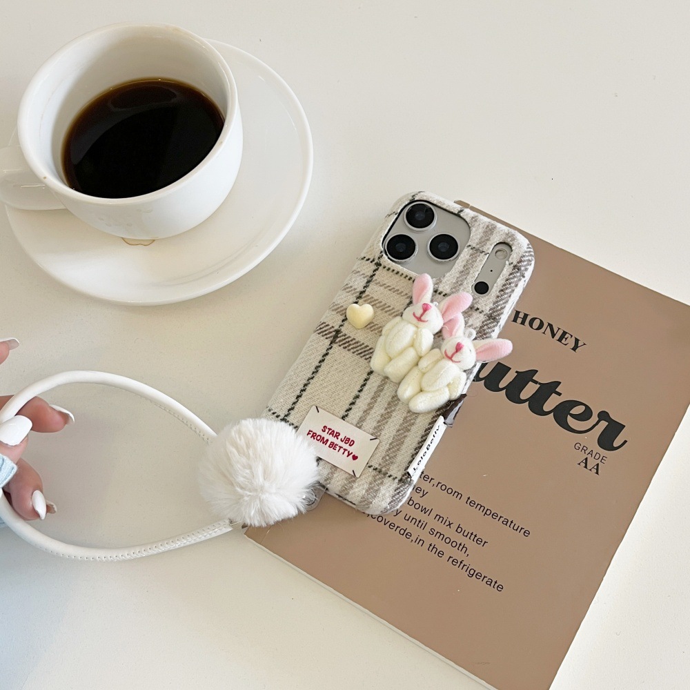 Velvet Plaid 3D Bear Phone Case Suitable for iPhone 17 Pro Max Plush Lanyard iPhone 16/15 Pro 14