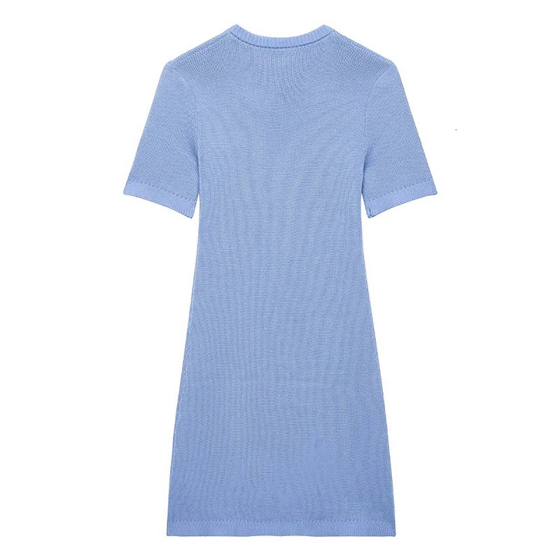 Willshela Womens Fashion Blue Single Chest Knitted Mini Dress Retro O-neck Short Sleeve Womens Fashion Womens Dress 250407
