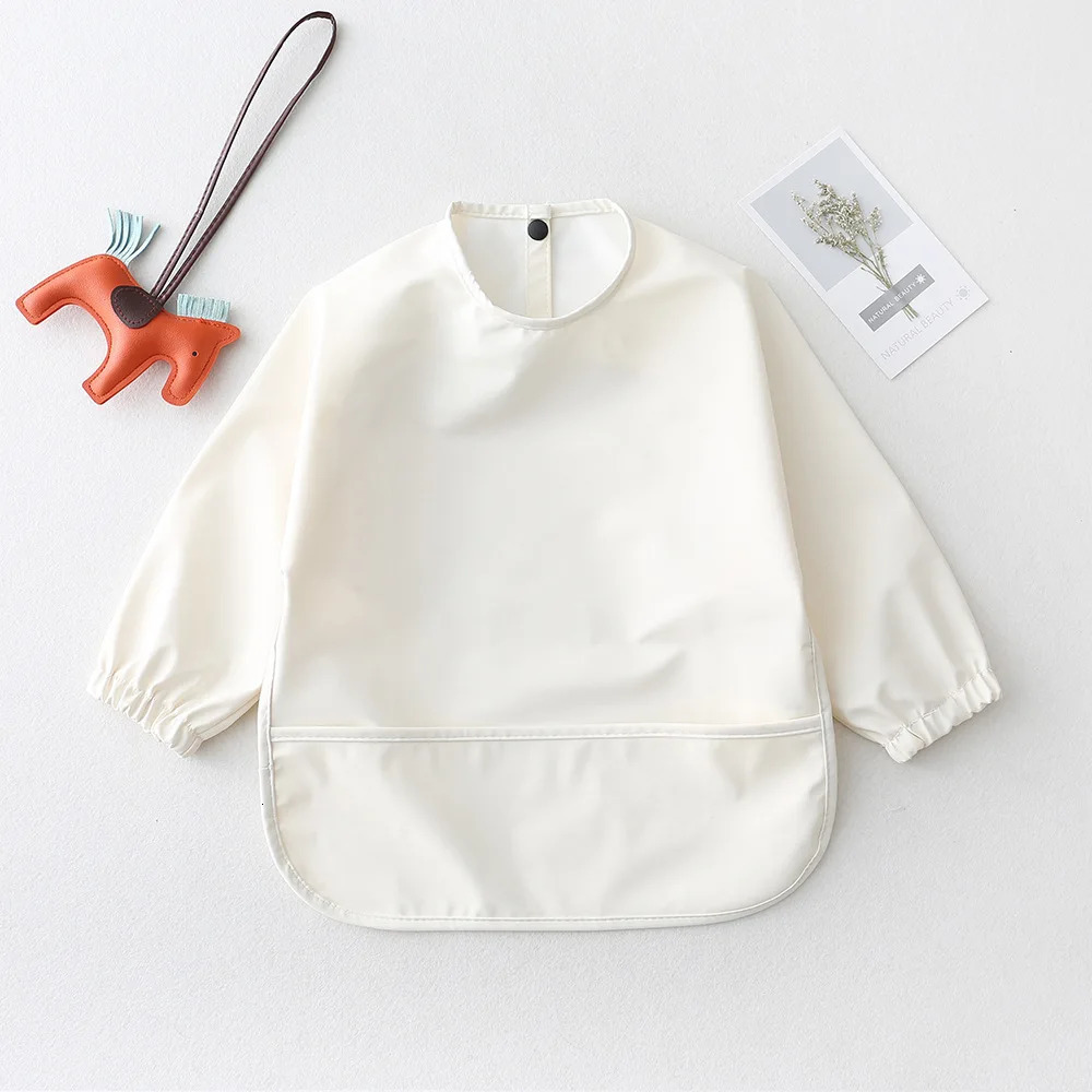 Solid Color Kids Baby Feeding Bibs Waterproof Long Sleeve Apron with Pocket Toddler Burp Cloth Boys Girls Anti-dirty Art Smock 250408