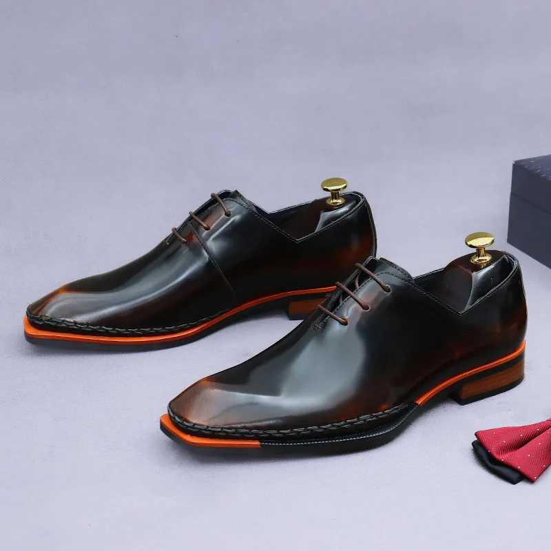 British Patent Leather Mens Business Dress Shoes Small Square Head Polished Handmade Genuine Leather Oxford Shoe for MenC250408
