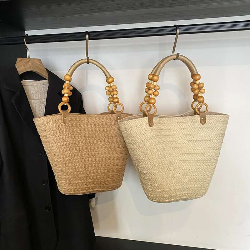 LEFTSIDE Big Weave For Women 2025 Summer New Beaded Shoulder Bags Lady Handbag Females Straw Tote Beach Hand Bag
