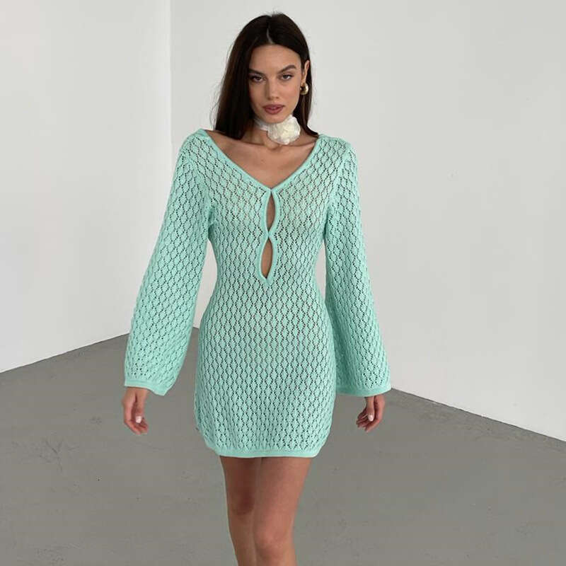 European and American Summer Beach Skirt Women's Solid Color Sexy Knitted Hollow Bikini Swimsuit Hoodie Sunscreen 2025 New Casual Versatile Fashi