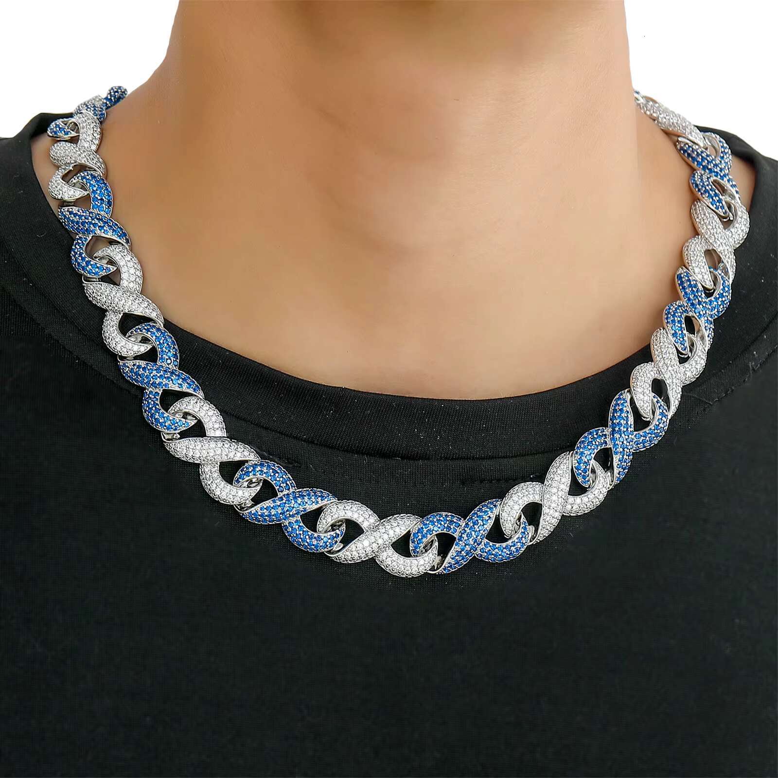 BES 15MM Hip Hop Cuban Link Chain Necklace Two-color Cuban Chains Iced Out Blue Zircon Necklace Mens Fashion Hip Hop Jewelry