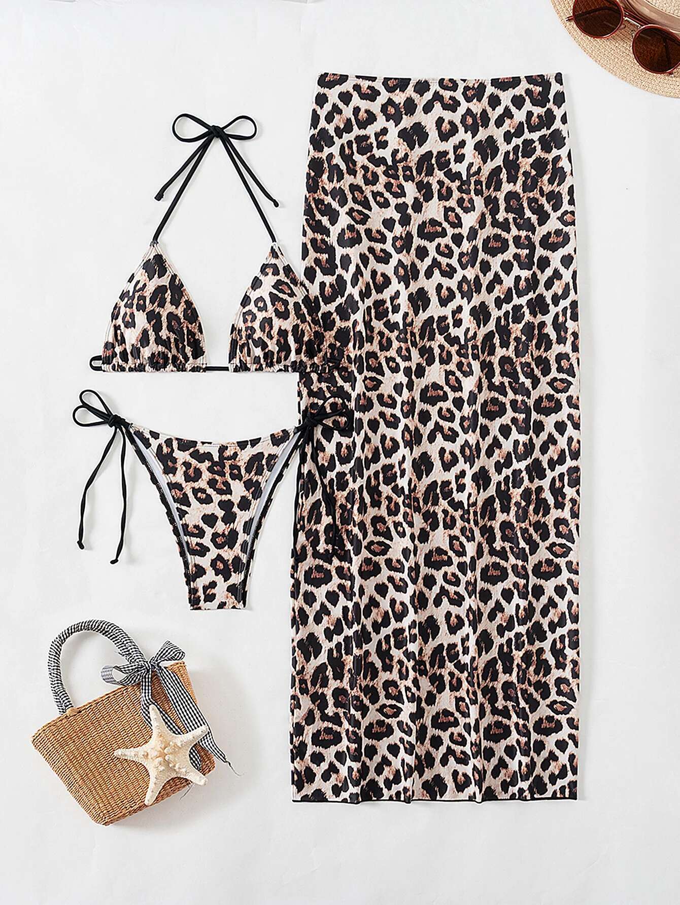 Dongdumaoyi Sexy Black Leopard Print Bikini Set Women Mesh Skirt Piece Swimsuit Summer Push Up Beach Bathing Suit Thong Swimwear