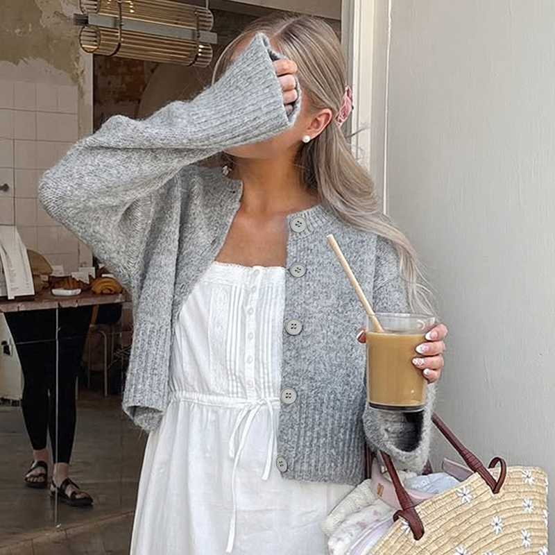 Women's new solid-color cardigan, versatile grey long-sleeved coat, romantic autumn outfit, going-out attire, back-to-school clothes---TVL048