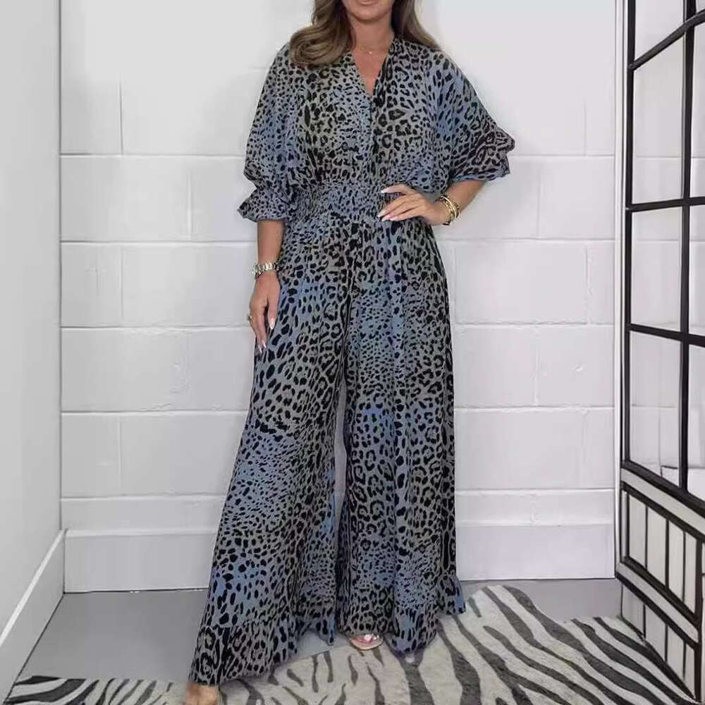 European American women's fashion leopard print casual wide leg jumpsuit 2025 new style chic and elegant clothing