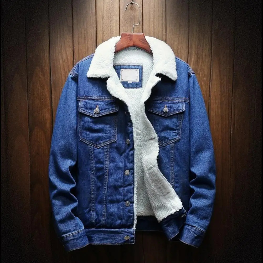 Mens denim jacket with thick cashmere lining solid color cold resistant winter single chest 250408Z
