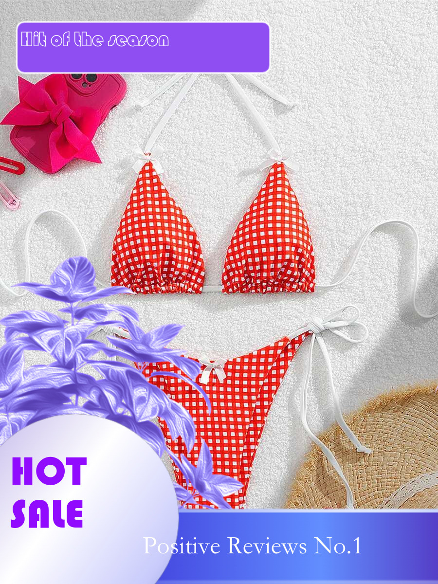 Dongdumaoyi Push Up Bikini Set Women Sexy Red Plaid Print Summer Micro Swimsuit Brazilian Cut Out Beach Bathing Suit Thong Swimwear