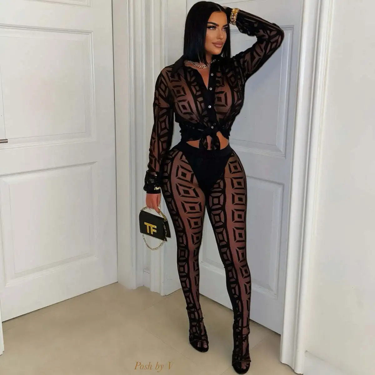 OSEN Women Club Party Sexy Playsuit Set Mesh Long Sleeve Hollow out Bodysuit All In One Jumpsuit Clothing 250407