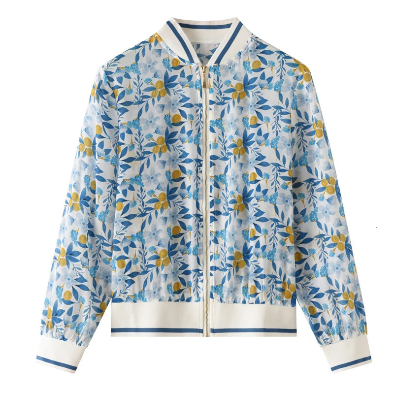 100% Raspberry Silk Womens Jacket Round Neck Thin Style Open Hemp Print Sunscreen SpringSummer Collection 250407